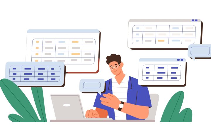 Piirretty kuva, jossa mies tietokoneella ja ilmassa leijuu monenkokoisia Excell-taulukoita