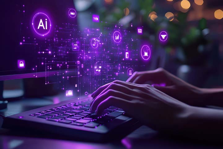 lilansävyinen kuva, jossa kädet näppäimistöllä ja taustalla paljon kuvakkeita, joista suurin AI-kuvake