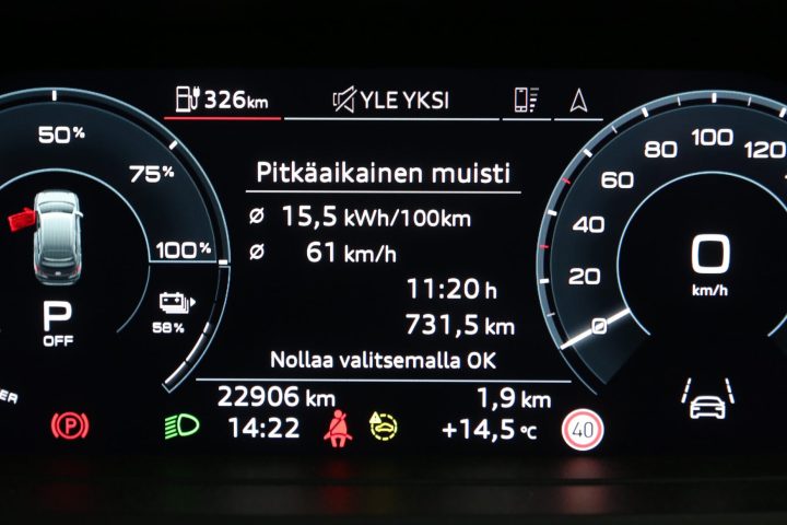 Kuvassa auton mittareita: sähkön kulutus ja nopeusmittari